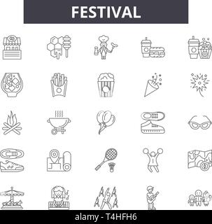 Festival line icons, signs set, vector. Festival outline concept illustration: festival,music,party,event,food Stock Vector