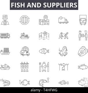 Fish and suppliers line icons, signs set, vector. Fish and suppliers outline concept illustration: fish,nature,food,pet,cat,dog Stock Vector
