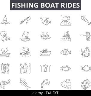 Fishing boat rides line icons, signs set, vector. Fishing boat rides outline concept illustration: boat,fishing,travel,vacation,ship,ride Stock Vector