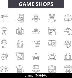 Game shops line icons, signs set, vector. Game shops outline concept illustration: degame,shop,web,computer Stock Vector