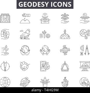 Geodesy line icons, signs set, vector. Geodesy outline concept illustration: geodesy,engineering,equipment,construction,survey,detechnology Stock Vector