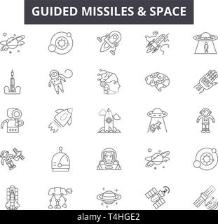 Guided missiles space line icons, signs set, vector. Guided missiles space outline concept illustration: fly,travel,space,transportation,science,space Stock Vector