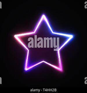 Neon light star sign. Blue pink violet glowing colorful signage isolated on dark background. Banner flyer element design Stock Vector