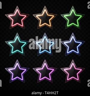 Color neon star shape banners set. Glowing led light stars with glass texture plate. Glossy infographics elements design Stock Vector