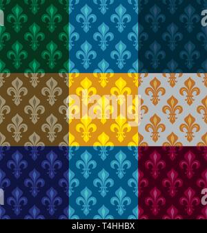 Royal Heraldic Lilies (Fleur de lis) -- Rich colorful wallpaper, fabric textile, seamless pattern, set of 9 versicolored tiles. Stock Vector
