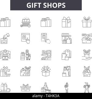 Gift shops line icons, signs set, vector. Gift shops outline concept illustration: gift,bag,discount,cart,sale,buy Stock Vector