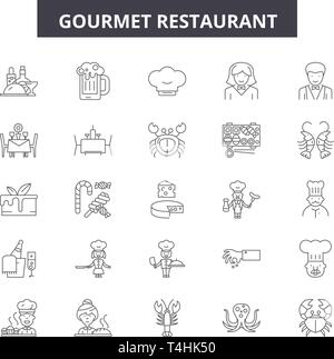 Gourmet restaurant line icons, signs set, vector. Gourmet restaurant outline concept illustration: gourmet,restaurant,food,demenu,kitchen Stock Vector