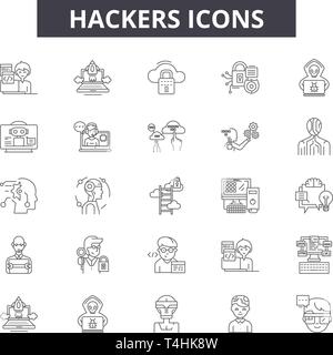 Hackers line icons, signs set, vector. Hackers outline concept illustration: computer,hacker,criminal,crime,internet,web,spy,data Stock Vector