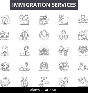 Immigration services line icons, signs set, vector. Immigration services outline concept illustration: immigration,travel,passport,document,internatio Stock Vector