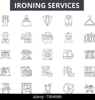 Ironing services line icons, signs set, vector. Ironing services outline concept illustration: iron,service,hotel,room,bath,travel Stock Vector