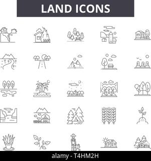 Land line icons, signs set, vector. Land outline concept illustration: land,landscape,farm,field Stock Vector