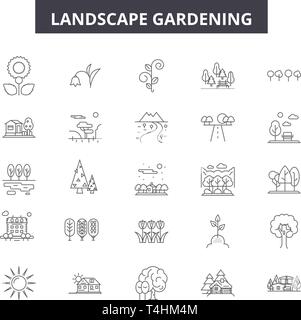 Lanscape gardening line icons, signs set, vector. Lanscape gardening outline concept illustration: deplant,garden,background,tree,landscape,nature Stock Vector