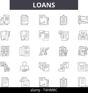 Loans line icons, signs set, vector. Loans outline concept illustration: loan,money,business,payment,finance,investment,banking,bank,cash Stock Vector