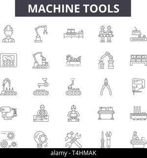 Machine tools line icons, signs set, vector. Machine tools outline concept illustration: machine,industry,tool,equipment,industrial,engineering,factor Stock Vector