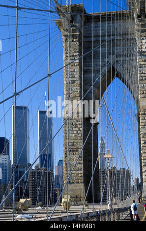 1998, Brooklyn Bridge with Twin Towers of World Trade Center, NYC, USA Stock Photo