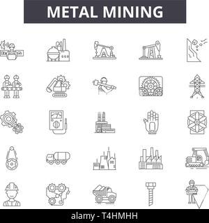 Metal mining line icons, signs set, vector. Metal mining outline concept illustration: metal,industry,equipment,power,mine Stock Vector