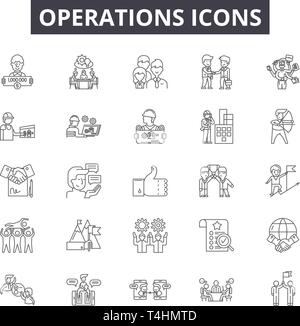 Operations line icons, signs set, vector. Operations outline concept illustration: business,management,process,technology,operations,gear,concept Stock Vector