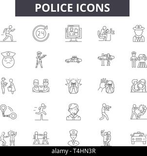 Police line icons, signs set, vector. Police outline concept, illustration: police,security,law,justice,man,officer Stock Vector