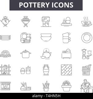Pottery line icons collection. Clay, Wheel, Kiln, Coil, Glaze ...