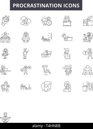 Procrastination line icons, signs set, vector. Procrastination outline concept, illustration: procrastination,business,management,time,concept Stock Vector