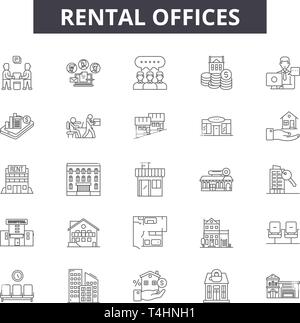Rental offices line icons, signs set, vector. Rental offices outline concept, illustration: office,rental,apartment,home,house,real,sale Stock Vector