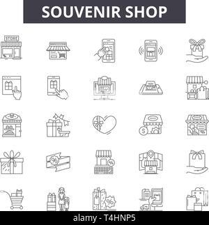 Souvenir shop line icons, signs set, vector. Souvenir shop outline concept, illustration: souvenir,deshop,gift,background,travel Stock Vector