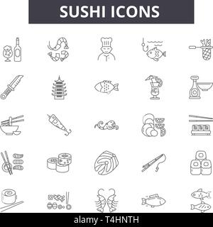 Sushi line icons, signs set, vector. Sushi outline concept, illustration: sushi,food,japanese,japan,salmon,rice,fish,seafood Stock Vector