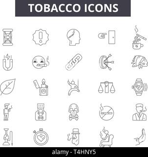 Tobacco line icons, signs set, vector. Tobacco outline concept, illustration: tobacco,cigarette,cigar,smoke,nicotine,habit Stock Vector