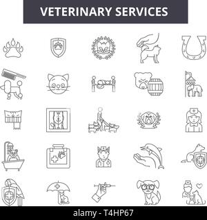 Veterinary services line icons, signs set, vector. Veterinary services outline concept, illustration: animal,veterinary,pet,care,service,dog,symbol Stock Vector