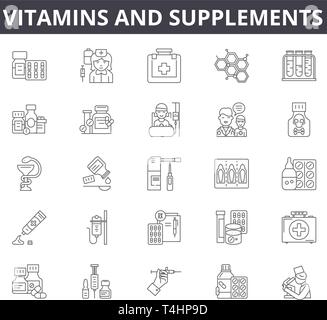 Vitamins and supplements line icons, signs set, vector. Vitamins and supplements outline concept, illustration: health,vitamin,healthy,food,nutrition Stock Vector