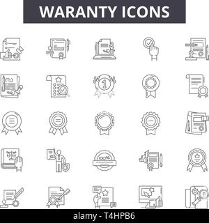 Waranty line icons, signs set, vector. Waranty outline concept, illustration: waranty,badge,guarantee,label,sticker Stock Vector