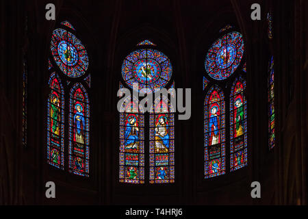 PARIS, FRANCE - APRIL 25: Stained glass windows in Cathedral Notre Dame de Paris on april 25, 2011 in Paris. Stock Photo