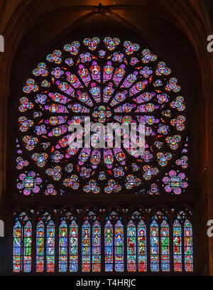 PARIS, FRANCE - APRIL 25: Stained glass window in Cathedral Notre Dame de Paris on april 25, 2011 in Paris. Stock Photo