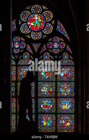 PARIS, FRANCE - APRIL 25: Stained glass window in Cathedral Notre Dame de Paris on april 25, 2011 in Paris. Stock Photo