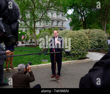 Washington, United States Of America. 16th Apr, 2019. Kevin A. Hassett, Chairman, Council of Economic Advisers, Speaks to reporters on the North Driveway of the White House in Washington, DC on April 16, 2019. Credit: Ron Sachs/CNP | usage worldwide Credit: dpa/Alamy Live News Stock Photo