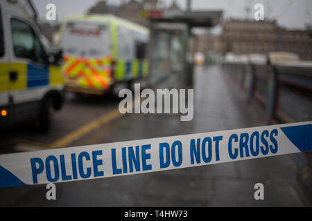 Edinburgh, Scotland, 16th April 2019. Extinction Rebellion (Scotland) climate protestors shut North Bridge to traffic during an 'International Day of Rebellion', asking for the government to declare a climate emergency, in Edinburgh, Scotland, on 16 April 2019. Credit: Jeremy Sutton-Hibbert/Alamy Live News Stock Photo