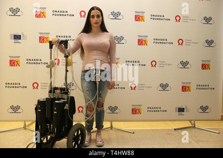 Athens, Greece. 15th Apr, 2019. Eleana Vrozidi, 28, who has been on the waiting list for a transplant operation for three years and two months, attends the Hellenic Transplant Organization's social awareness event in Athens, Greece, on April 15, 2019. Greece aims to double the rate of human organ donations for transplants within the next two years, the President of the Hellenic Transplant Organization (EOM), Andreas Karabinis, told Xinhua on Monday. Credit: Marios Lolos/Xinhua/Alamy Live News Stock Photo