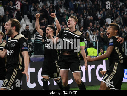 Turin, Italy. 16th Apr, 2019. Ajax players celebrate victory after the UEFA Champions League quarterfinal second leg match between FC Juventus and Ajax in Turin, Italy, on April 16, 2019. Ajax won 2-1 and entered the semifinal with a total score of 3-2. Credit: Alberto Lingria/Xinhua/Alamy Live News Stock Photo