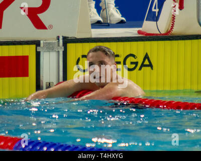 Daniel Jervis (Swansea University) reacts after winning the men's open 400 metres freestyle final, during Day 1 of the 2019 British Swimming Championships, at Tollcross International Swimming Centre. Stock Photo