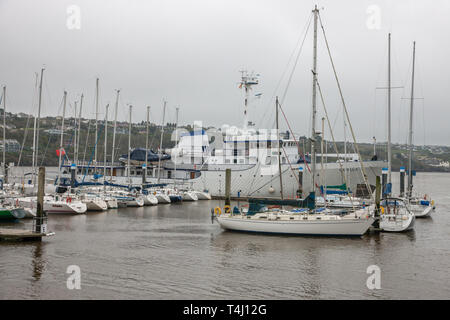 Kinsale, Cork, Ireland. 17th April, 2019. Super Yacht Capella C berthed at the marina in Kinsale, Co. Cork on a misty morning. The 59 meter yacht was built in 1968 and can carry twenty two guests with  a crew of seventeen. Stock Photo
