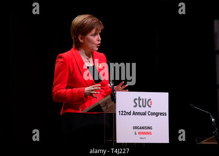 Dundee, Scotland, United Kingdom. 17th Apr, 2019. Scottish First Minister and SNP leader Nicola Sturgeon addresses the STUC Congress Credit: Ken Jack/Alamy Live News Stock Photo
