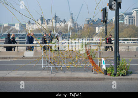 London, UK. 17th April, 2017. Extinction Rebellion Climate Change protesters continue a blockade of Waterloo Bridge to vehicle traffic but with a heavier police presence. Credit: Malcolm Park/Alamy Live News. Stock Photo