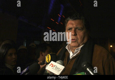 A picture dated July 25, 2011 shows Peruvian President Alan Garcia making statements to the press after inspecting the lighting system of the National Stadium in Lima, Peru. In 2006 he came for the second time to the presidency of Peru as a champion of 'responsible change'. Today, at the end of his term, Alan Garcia left the power with a growing economy but widely criticized for its social policy. Photo: Hector Vinces/Andina/dpa/Handout | usage worldwide Stock Photo