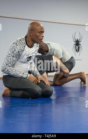 Rio De Janeiro, Brazil. 17th Apr, 2019. UFC® promotes a media day with former middleweight champion Anderson Silva at the Cesario Boxing School in Recreio dos Bandeirantes, Rio de Janeiro. Credit: Cristiane Mota/FotoArena/Alamy Live News Stock Photo