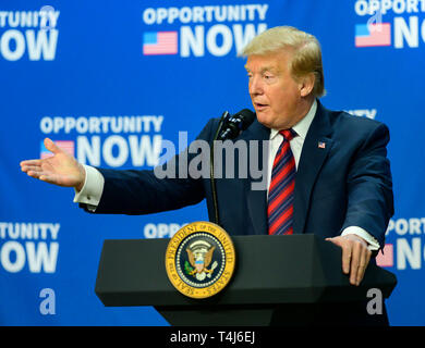 Washington, United States Of America. 17th Apr, 2019. United States President Donald J. Trump makes remarks at an Opportunity Zone conference with state, local, tribal, and community leaders in the South Court Auditorium of the White House in Washington, DC on April 17, 2019. Credit: Ron Sachs/CNP | usage worldwide Credit: dpa/Alamy Live News Stock Photo