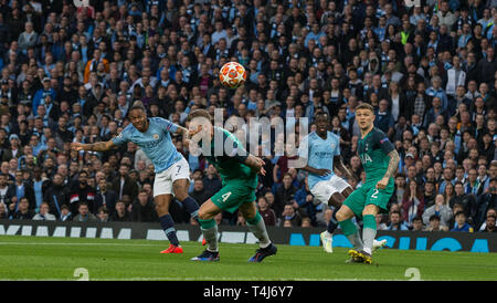 Manchester, UK. 17th Apr, 2019. Raheem Sterling of Man City scores a goal during the UEFA Champions League QF 2nd leg match between Manchester City and Tottenham Hotspur at the Etihad Stadium, Manchester, England on 17 April 2019. Photo by Andy Rowland. Editorial use only, license required for commercial use. No use in betting, games or a single club/league/player publications.Õ Credit: PRiME Media Images/Alamy Live News Stock Photo