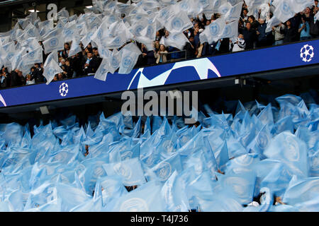 Manchester, UK. 17th Apr, 2019. Manchester City fans before the UEFA Champions League Quarter Final second leg match between Manchester City and Tottenham Hotspur at the Etihad Stadium on April 17th 2019 in Manchester, England. (Photo by Daniel Chesterton/phcimages.com) Credit: PHC Images/Alamy Live News Stock Photo