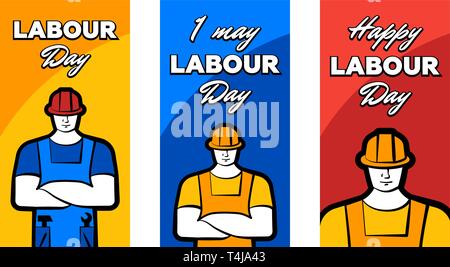 Worker man in construction helmet and inscription Happy labour day. 1 may greeting card set. Vector illustration for poster, banner, ad, promotion, fl Stock Vector
