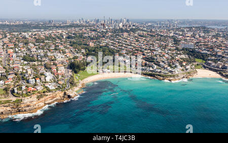 Aerial view of Bronte and Tamarama Beach in the Eastern Suburbs of Sydney NSW Australia. Located east of the CBD these residential areas are some Stock Photo