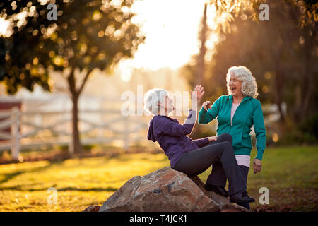 Two smiling senior women giving each other a high-five in a park. Stock Photo